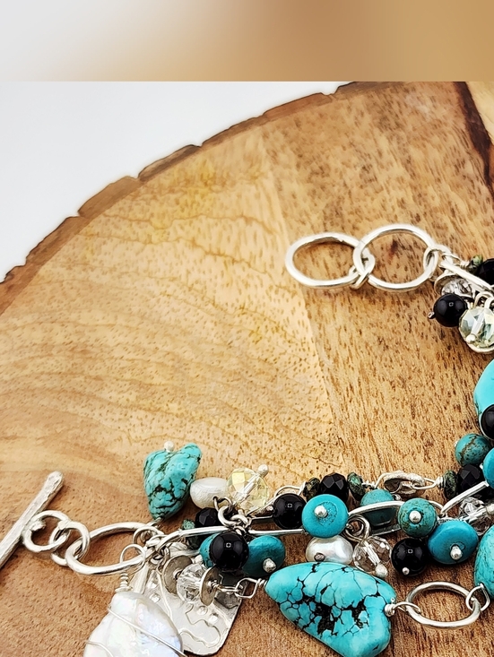 DREAMY JWLS Jewelry - BANGLE HANDMADE BRACELET TURQUOISE, ONYX & PEARLS HANDMADE IN STERLING SILVER